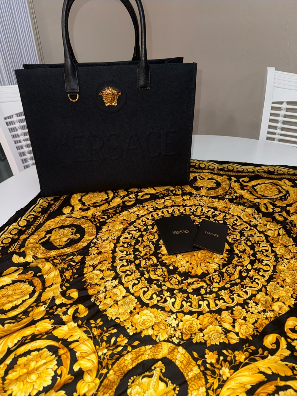 Authentic Versace La Medusa Large Canvas Tote in Black&Gold. scarf not included